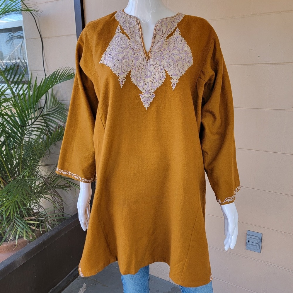 Vintage Mustard Yellow Kashmiri Phiran Embroidery Tunic Women's M Ethnic Artisan